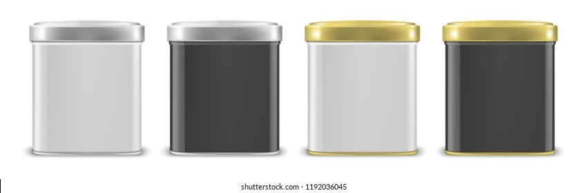 Vector realistic 3d white blank metal aluminium tin can containers with silver and gold cap different color - white and black - icon set closeup isolated on white background. Design template for