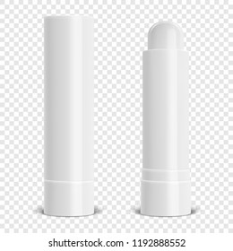 Vector realistic 3d white blank glossy closed and opened lip balm stick or hygienic lipstick set closeup isolated on transparency grid background. Design template for graphics, vector mockup. Cosmetic