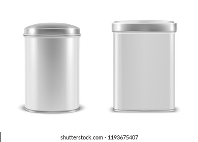 Vector realistic 3d white blank metal aluminium tin can containers with silver cap rectangular or square, oval shape icon set closeup isolated on white background. Design template for graphics