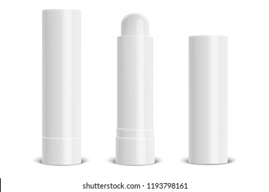 Vector realistic 3d white blank glossy closed and opened lip balm stick or hygienic lipstick set closeup isolated on white background. Design template for graphics, vector mockup. Cosmetic packaging