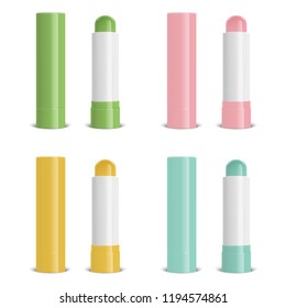 Vector realistic 3d white blank glossy closed and opened lip balm stick or hygienic lipstick set - green, pink, orange and blue color, based on aloe extract, green tea, honey, orange, mango, berries