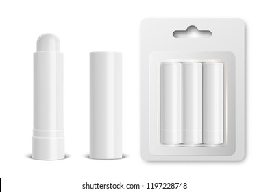 Vector realistic 3d white blank glossy closed, opened, in blister lip balm stick or hygienic lipstick set closeup isolated on white background. Design template for graphics, branding, advertise