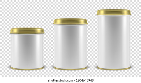 Vector Realistic 3d White Blank Metal Tin Can Container Set Closeup Isolated On Transparent Background. Design Template For Packaging Baby Powder Milk, Tea, Coffee, Cereal Etc., Mockup. Front View