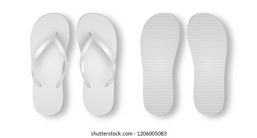Vector Realistic 3d White Blank Empty Flip Flop Set Closeup Isolated on White Background. Design Template of Summer Beach Flip Flops Pair For Advertise, Logo Print, Mockup. Front and Back View