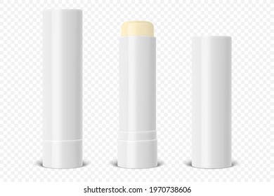 Vector Realistic 3d White Blank Glossy Closed, Opened Lip Balm Stick, Hygienic Lipstick Set Closeup Isolated. Design template for graphics, Vector mockup. Cosmetic, Beauty, Makeup Concept. Front View