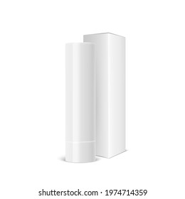 Vector Realistic 3d White Blank Closed Lip Balm Stick, Hygienic Lipstick and Carton Packing Set Isolated. Design Template for Graphics, Vector Mockup. Cosmetic, Beauty, Makeup Concept. Front View