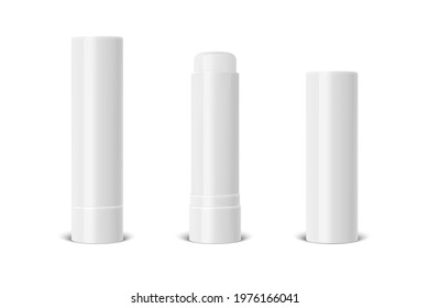 Vector Realistic 3d White Blank Closed, Opened Lip Balm Stick, Hygienic Lipstick Packaging Set Isolated. Design Template for Graphics, Vector Mockup. Cosmetic, Beauty, Makeup Concept. Front View