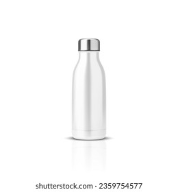 Botella de agua reutilizable de metal brillante blanco 3d y vectorial realista con cierre de pulmón plateado aislado en fondo blanco. Plantilla de diseño de mockup de empaquetado. Vista frontal