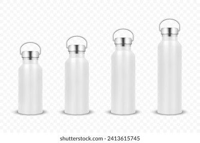 Vector Realistic 3d White Blank Glossy Metal Reusable Water Bottle Icon Set with Silver Bung Closeup Isolated on White Background. Design Template of Packaging Mockup. Front View