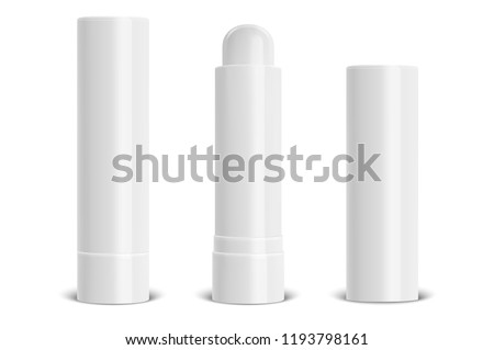 Vector realistic 3d white blank glossy closed and opened lip balm stick or hygienic lipstick set closeup isolated on white background. Design template for graphics, vector mockup. Cosmetic packaging