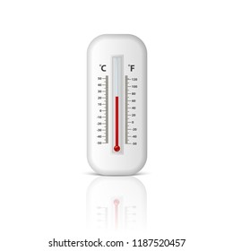 Vector realistic 3d white celsius and fahrenheit meteorology, weather thermometer icon closeup isolated on white background with reflection. Clip art, design template for graphics