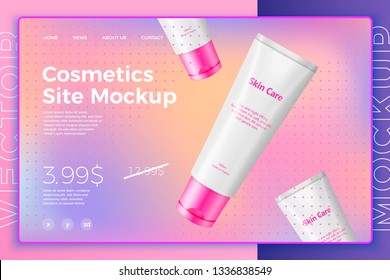 Vector realistic 3d white cosmetic tube isolated on bright modern site template with typographic background. Mock-up for product package branding.