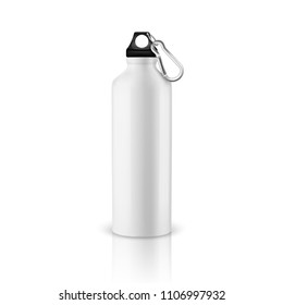 Vector realistic 3d white empty glossy metal water bottle with black bung closeup isolated on white background. Design template of packaging mockup for graphics. Front view