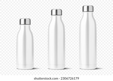 Vector Realistic 3d White Empty Glossy Metal Reusable Water Bottle with Silver Bung Set Closeup Isolated. Design template of Packaging Mockup. Front View