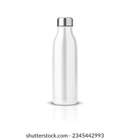 Vector Realistic 3d White Empty Glossy Metal Reusable Water Bottle with Silver Bung Closeup Isolated. Design template of Packaging Mockup with Reflection. Front View