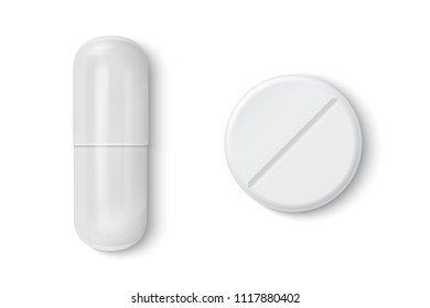 Vector realistic 3d white medical pill icon set isolated on white background. Design template for graphics. Top view