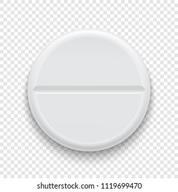 Vector realistic 3d white medical pill icon isolated on transparency grid background. Design template for graphics. Top view