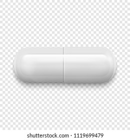 Vector realistic 3d white medical pill icon isolated on transparency grid background. Design template for graphics. Top view