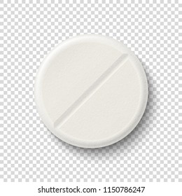 Vector realistic 3d white medical pill icon isolated on transparency grid background. Design template for graphics, banners. Top view