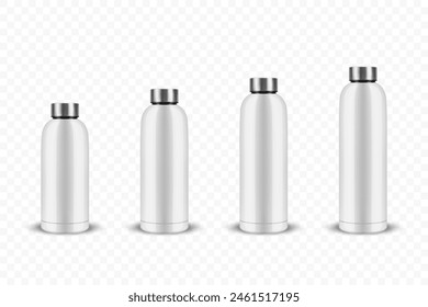 Botella de agua reutilizable brillante en blanco del metal blanco 3D realista del Vector con el primer plano aislado de Silver Bung, diversos tamaños. Plantilla de diseño de maquetas de embalaje. Vista frontal