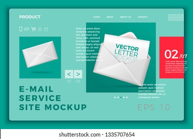 Vector realistic 3d white open letter envelope isolated on bright modern site template with typographic background. Mock-up for product package branding.