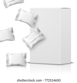 Vector realistic 3d white paper box with falling candies isolated on white background with reflection.  Mock-up for product package branding.