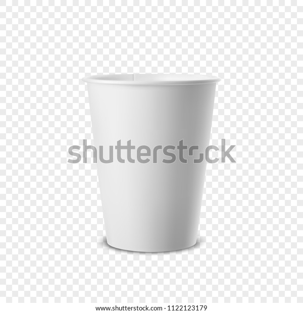Vector realistic 3d white paper disposable cup\
icon isolated on transparency grid background. Design template for\
graphics, mockup. Front\
view
