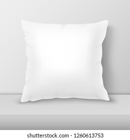 Vector Realistic 3d White Pillow Closeup on Table, Shelf Closeup on White Wall Background, Mock-up. Empty Square Pillow Design Template for Mockup, Branding, Logo Print. Home, Hotel Decor. Front view