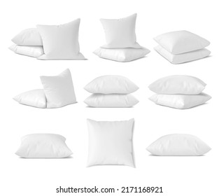 Vector Realistic 3d White Pillow Set Closeup Isolated on White Background. Elements of Bedroom, Home, Hotel Decor. Design Template of Square Pillows for Graphics and Mockup