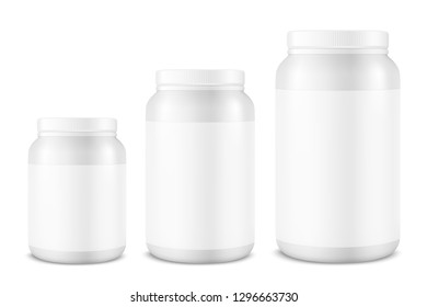 Vector Realistic 3d White Plastic Jar, Can with Lid Set Closeup Isolated on White Background. Design Template of Whey Protein, Sport Powder, Vitamins, BCAA, Pills, Caps for Mockup. Front View