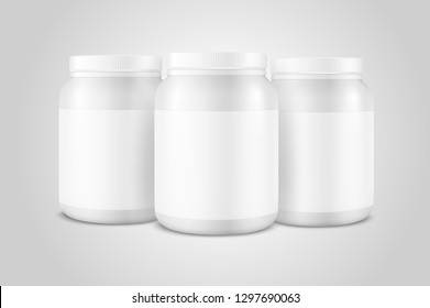 Vector Realistic 3d White Plastic Jar, Can with Lid Set Closeup Isolated on White Background. Design Template of Whey Protein, Sport Powder, Vitamins, BCAA, Pills, Caps for Mockup. Front View