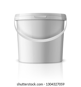 Vector Realista 3d Cubo de Plástico Blanco para Productos Alimenticios, Pintura, Alimentos, Adhesivos, Sellantes, Primeros, Aislados en Fondo Blanco. Plantilla de diseño del paquete para la mezcla. Vista frontal