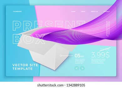 Vector realistic 3d white present box isolated on bright modern site template with typographic background. Mock-up for product package branding.