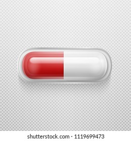 Vector Realistic 3d White And Red Medical Pill In Pack Icon Closeup. Design Template For Graphics, Banners. Horizontal Position