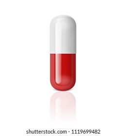 Vector realistic 3d white and red medical pill icon isolated on white background with reflection. Design template for graphics, banners. Vertical position