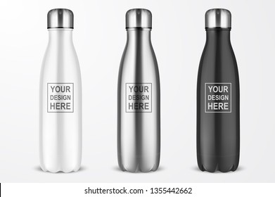 Vector Realistic 3d White, Silver And Black Empty Glossy Metal Reusable Water Bottle With Silver Bung Set Closeup Isolated On White Background. Design Template Of Packaging Mockup. Front View