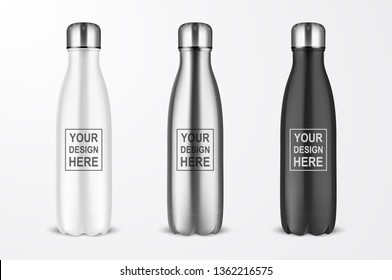 Векторная реалистичная 3d белая, серебряная и черная пустая глянцевая металлическая многоразовая бутылка для воды с серебряной пробкой, установленная крупным планом, изолированная на белом фоне. Шаблон дизайна макета упаковки. Вид спереди