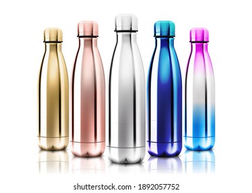 Vector Realistic 3d White, Silver and Black Empty Glossy Metal Reusable Water Bottle with Silver Bung Set Closeup on Transparency Grid Background. Design template of Packaging Mockup. Front View