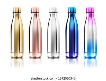 Vector Realistic 3d White, Silver and Black Empty Glossy Metal Reusable Water Bottle with Silver Bung Set Closeup on Transparency Grid Background. Design template of Packaging Mockup. Front View