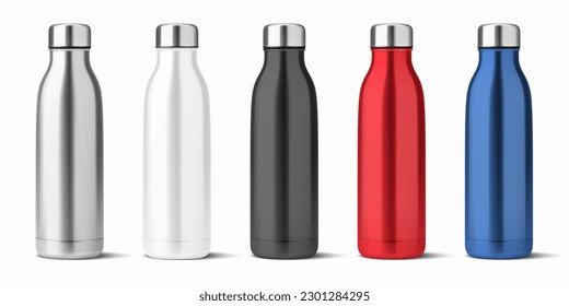 Vector Realistic 3d White, Silver, Black, Red, Blue Empty Glossy Metal Reusable Water Bottle with Silver Bung Set Closeup Isolated. Design template of Packaging Mockup. Front View