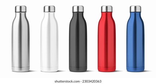 Vector Realista 3d Blanco, Plata, Negro, Rojo, Azul Vacío Glossy Metal Botella de Agua Reutilizable con Colocación de Pulsera Aislada. Plantilla de diseño de mockup de empaquetado. Vista frontal