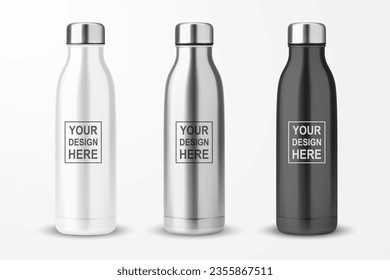 Vector Realistic 3d White, Silver and Black Empty Glossy Metal Reusable Water Bottle with Silver Bung Set Closeup Isolated on White Background. Design template of Packaging Mockup. Front View