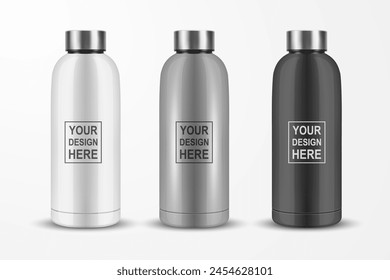 Vektorgrafik Realistische 3D Weiß, Silber, Schwarz Farbe Metall Blank Glänzende wiederverwendbare Wasserflasche mit Silver Bung Nahaufnahme isoliert. Design-Vorlage von Verpackungs-Mockup. Vorderansicht