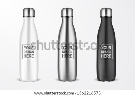 Vector Realistic 3d White, Silver and Black Empty Glossy Metal Reusable Water Bottle with Silver Bung Set Closeup Isolated on White Background. Design template of Packaging Mockup. Front View