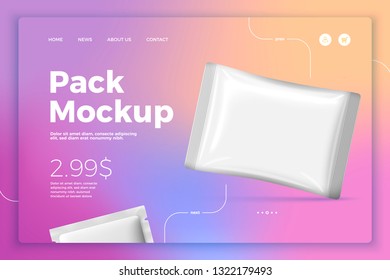 Vector realistic 3d white snack or candies sachet isolated on bright modern site template with typographic background. Mock-up for product package branding.