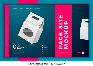 Vector realistic 3d white snack or candies box isolated on bright modern site template with typographic background. Mock-up for product package branding.