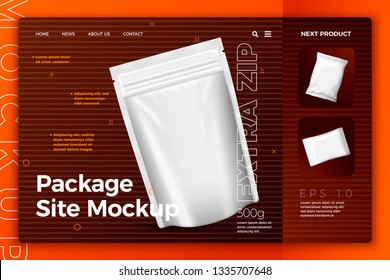 Vector realistic 3d white snack sachet isolated on bright modern site template with typographic background. Mock-up for product package branding.