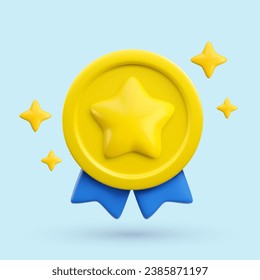 Concepto de ganadora 3d realista en vectores. Medalla de oro con fondo de estrellas y cintas azules. Premio oro de moda, signo de insignia del ganador del juego. 3d representa un banner mínimo de dibujos animados.