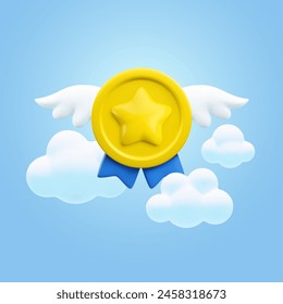 Vector realistic 3d winner concept. Gold medal with star, blue ribbons, wings and clouds on sky background. Trendy gold round award, game winner badge sign. 3d render minimal cartoon banner.