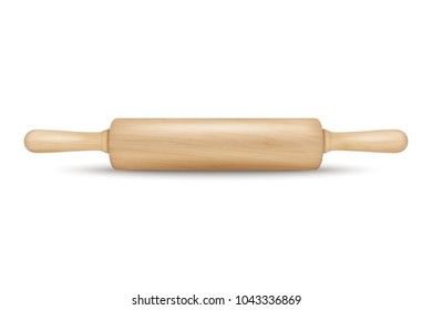 Vector realistic 3D wooden rolling pin icon closeup isolated on white background. Design template for graphics